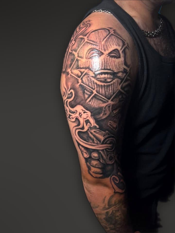 Masked skull half sleeve tattoo by Dimitar Penchev