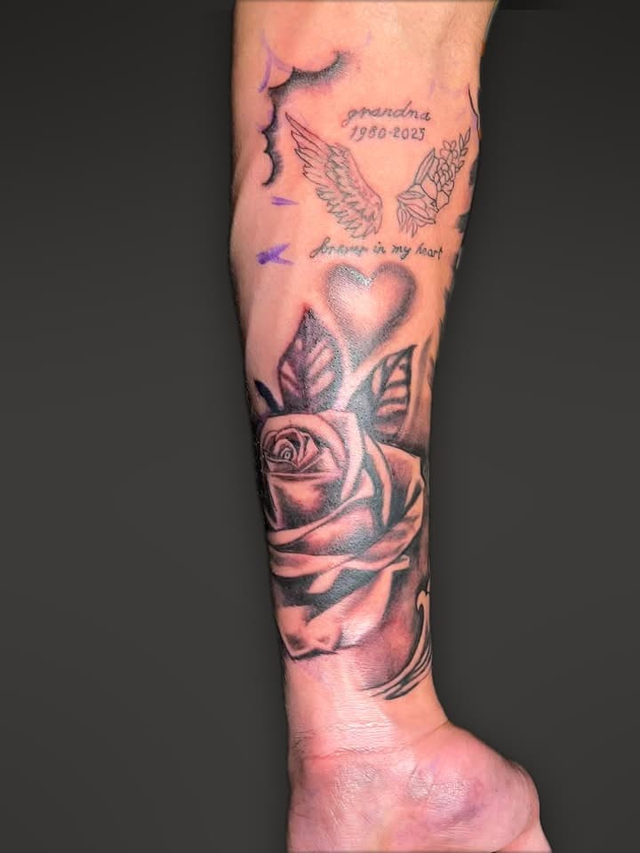 Memorial heart rose forearm tattoo by Dimitar Penchev